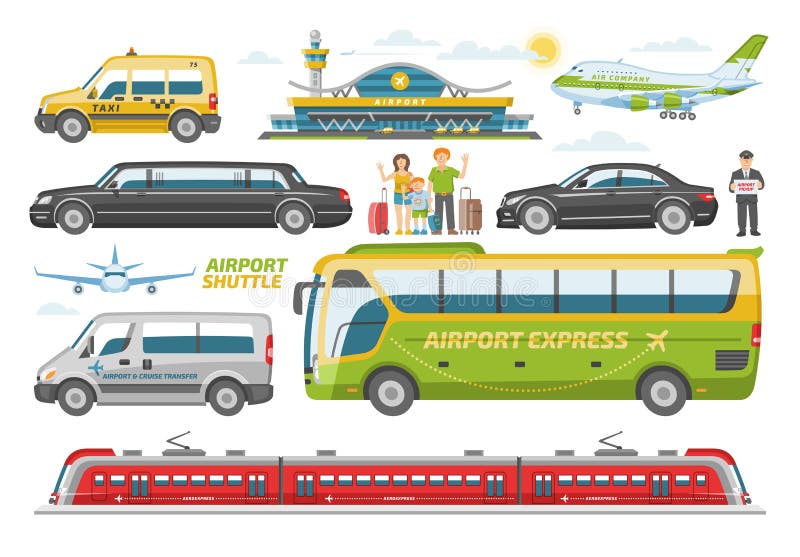 Transport vector public transportable vehicle bus or train and car for transportation in city illustration set of people and airplane in airport isolated on white background. Transport vector public transportable vehicle bus or train and car for transportation in city illustration set of people and airplane in airport isolated on white background.