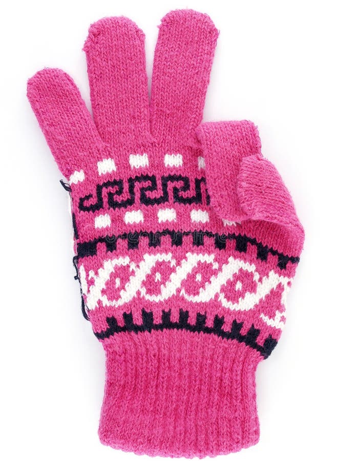 close-up three finger of pink winter glove gesturing hand sign for ok symbol or counting number isolated on white background, vertical image. close-up three finger of pink winter glove gesturing hand sign for ok symbol or counting number isolated on white background, vertical image