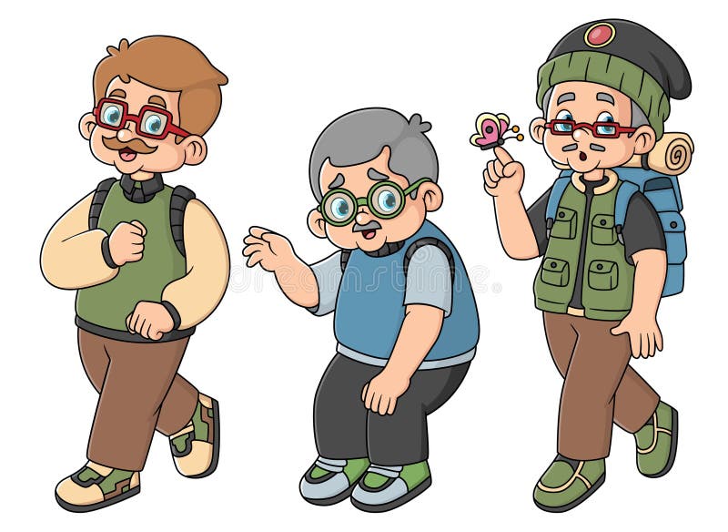 three grandfathers are walking for an adventure while reminiscing about their past of illustration. three grandfathers are walking for an adventure while reminiscing about their past of illustration