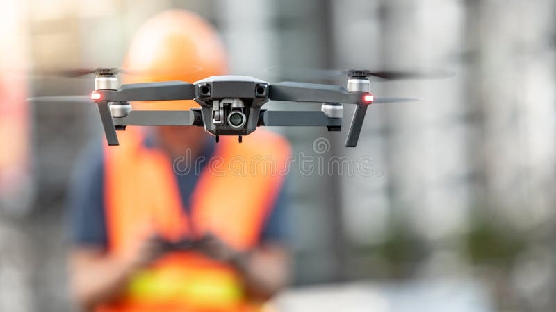 Asian engineer man or male worker flying drone over construction site. Using unmanned aerial vehicle UAV for land and building site survey in civil engineering project. Asian engineer man or male worker flying drone over construction site. Using unmanned aerial vehicle UAV for land and building site survey in civil engineering project