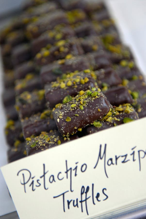 Pistachio Marzipan Truffles chocolates. Pistachio Marzipan Truffles chocolates