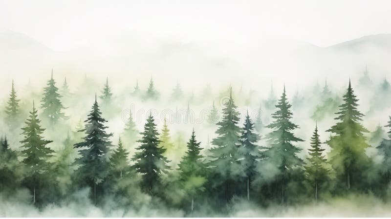 туманный лесной пейзаж с елями и горами. иллюстрация. аи иллюстрация вектора