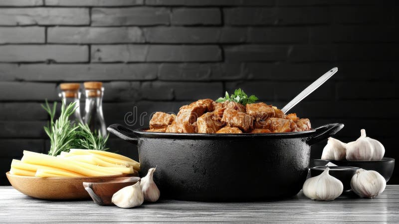тушеная говядина в чёрной кастрюле с чесноком и травами на деревянном столе иллюстрация штока