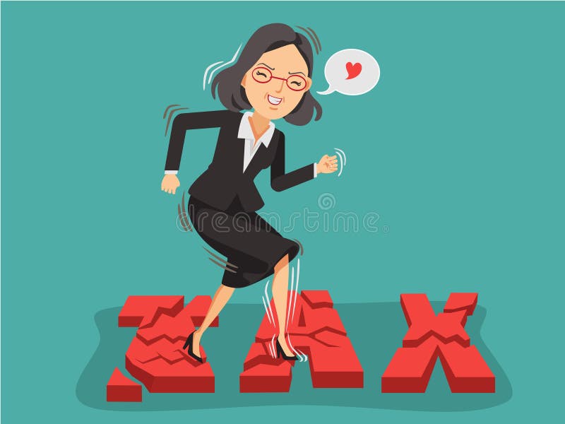 Happy business woman stepped on the broken tax font. Tax rate reduction ideas. Vector illustration isolated on blue background. Happy business woman stepped on the broken tax font. Tax rate reduction ideas. Vector illustration isolated on blue background