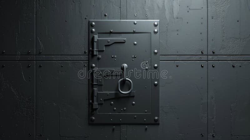 Тяжелая дверь промышленного хранилища со стальным креплением. Реалистичная 3Drendered дверь промышленного хранилища из армированной стали, символизирующей безопасность и конфиденциальность в финансовых и цифровых системах. AI.