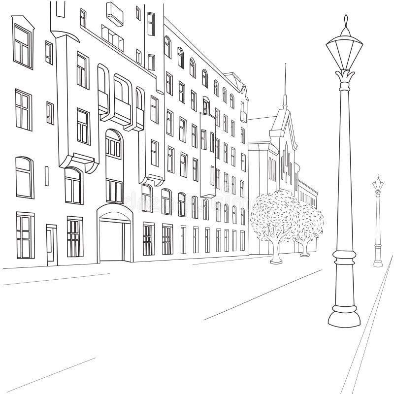 Outline sketch of european city street. Outline sketch of european city street