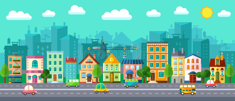 Vector City Street in a Flat Design and Set of Urban Buildings. Vector City Street in a Flat Design and Set of Urban Buildings