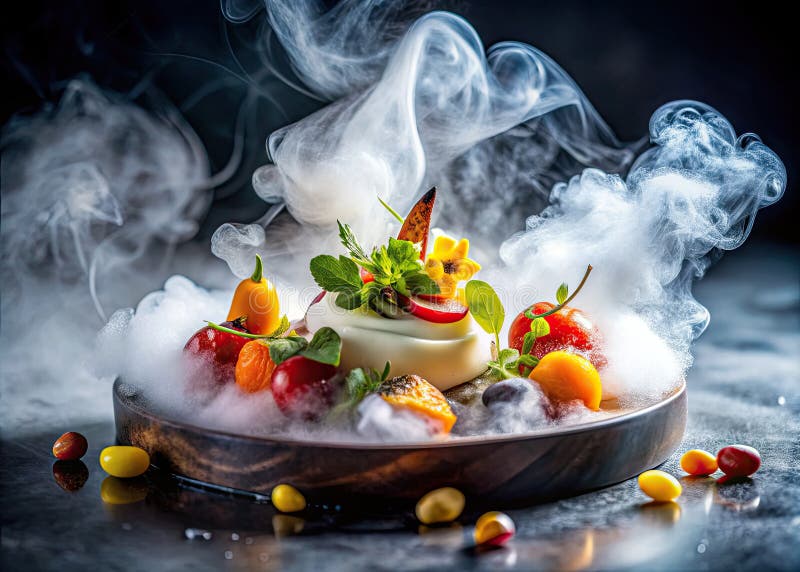 увлекательная фотография копченой еды - визуальный праздник вкусных блюд, демонстрирующий кулинарный артист и драматический дым иллюстрация вектора