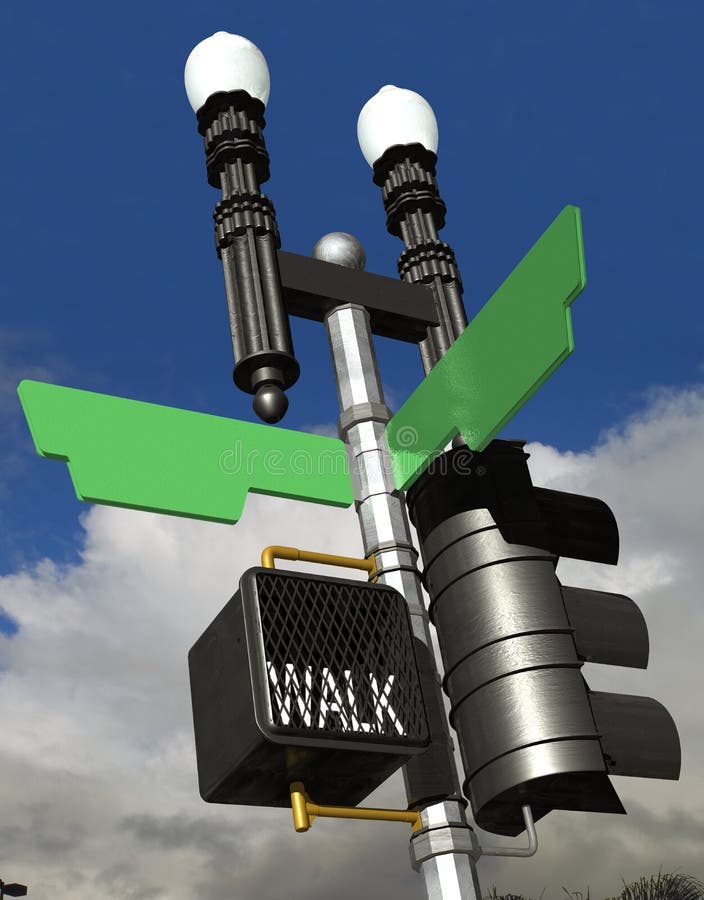 Corner street light post with blank street name signs. Corner street light post with blank street name signs.