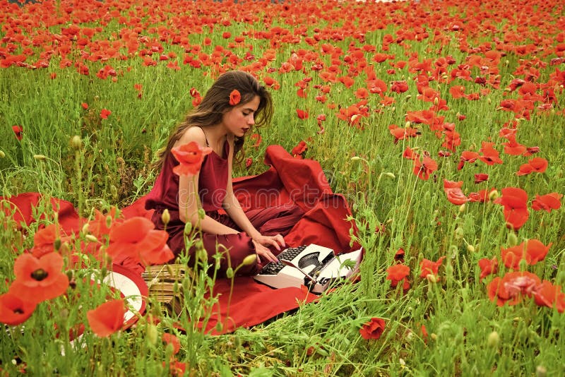 Remote copywriting. Opium poppy, agile business, ecology. Woman writer in poppy flower field. Drug, narcotics, opium, woman with typewriter, camera, book. Journalism and writing, summer Poppy Remembrance or Anzac Day. Remote copywriting. Opium poppy, agile business, ecology. Woman writer in poppy flower field. Drug, narcotics, opium, woman with typewriter, camera, book. Journalism and writing, summer Poppy Remembrance or Anzac Day