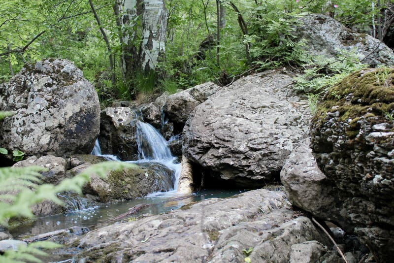 Удивительные водопад в середине леса горы. Река полно воды во время мессы весны красивой пропали без вести. Прекрасный стоковое изображение