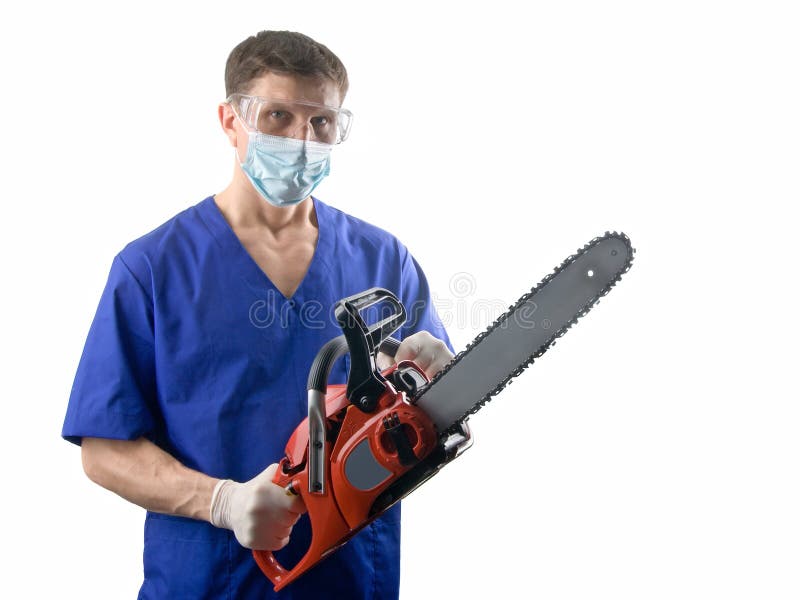 A doctor with a chain saw, isolate on white. A doctor with a chain saw, isolate on white