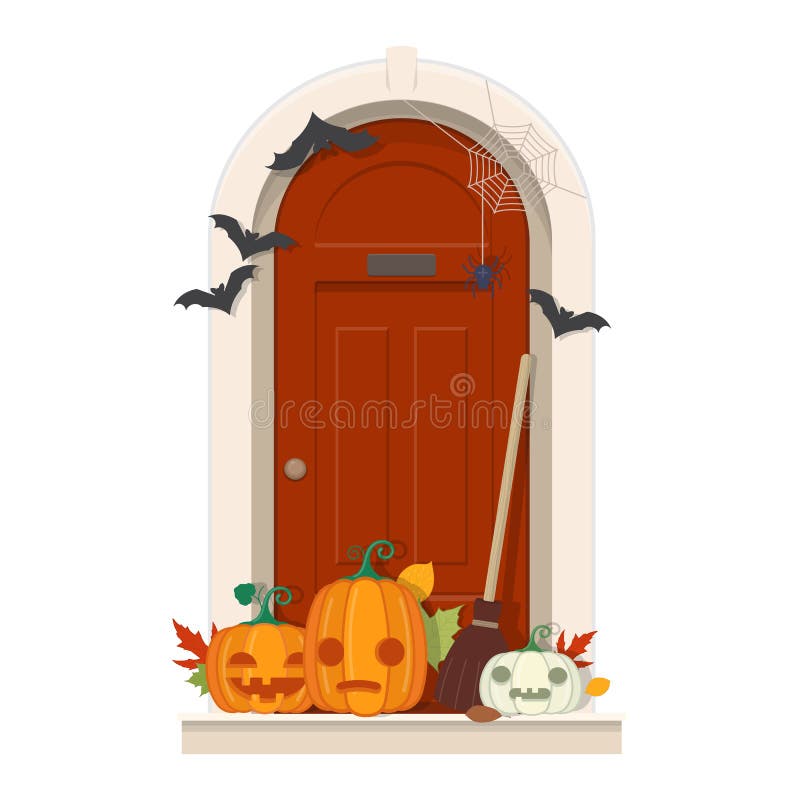 Halloween Door Decorations. Front door with Halloween decorations and pumpkins. Vector illustration. Halloween Door Decorations. Front door with Halloween decorations and pumpkins. Vector illustration