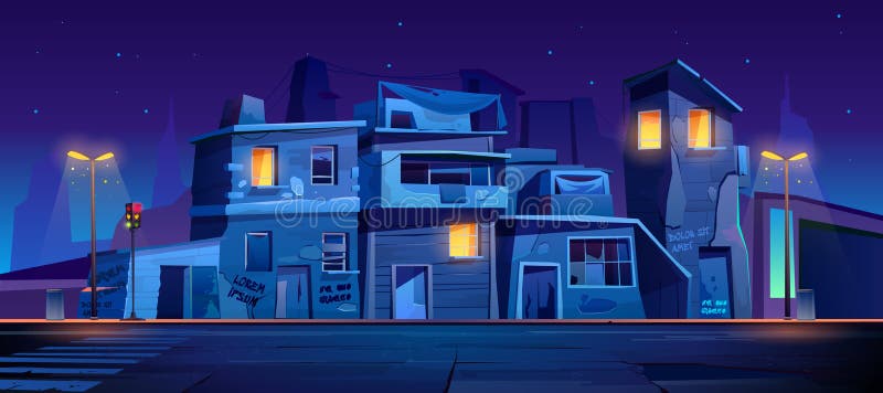 Ghetto street at night, slum ruined abandoned houses, old buildings with glowing windows. Dilapidated dwellings stand on roadside with crosswalk, lamps and traffic lights cartoon vector illustration. Ghetto street at night, slum ruined abandoned houses, old buildings with glowing windows. Dilapidated dwellings stand on roadside with crosswalk, lamps and traffic lights cartoon vector illustration