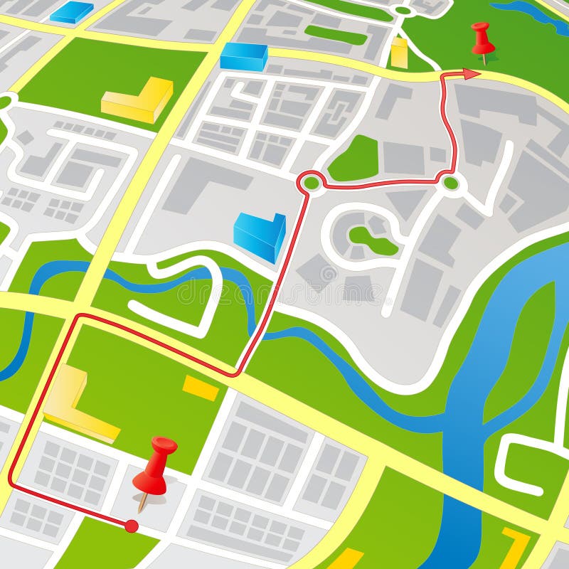 Editable vector street map of a generic city with push pins. All 3D buildings, Arrows and Push Pins are on separate layers. Editable vector street map of a generic city with push pins. All 3D buildings, Arrows and Push Pins are on separate layers.