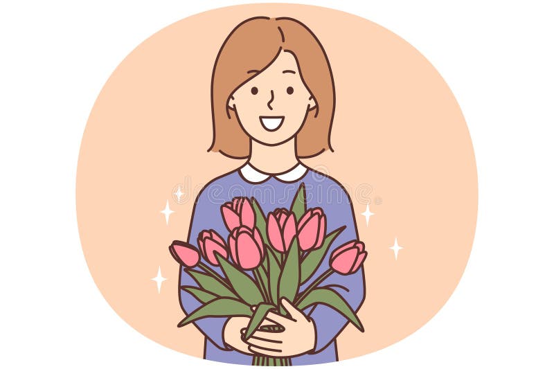 улыбающаяся девушка с цветами в руках иллюстрация штока