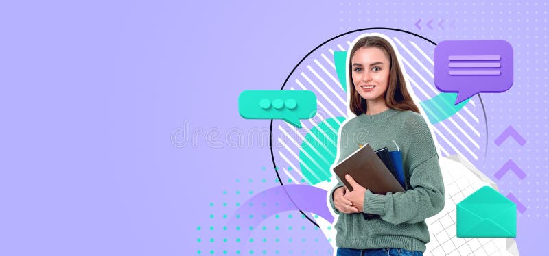 Beautiful young woman student holding notebooks, colorful text bubbles and e-mails. Copy space purple background. Concept of education, communication and business connection. Beautiful young woman student holding notebooks, colorful text bubbles and e-mails. Copy space purple background. Concept of education, communication and business connection