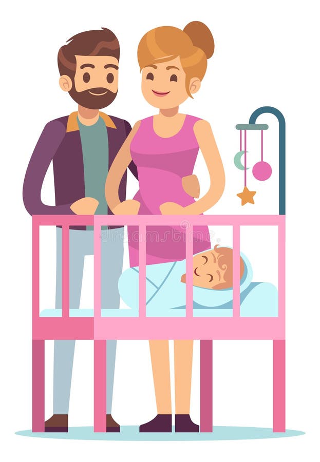 улыбающиеся родители смотрят на новорожденного в кроватке. счастливая семья бесплатная иллюстрация