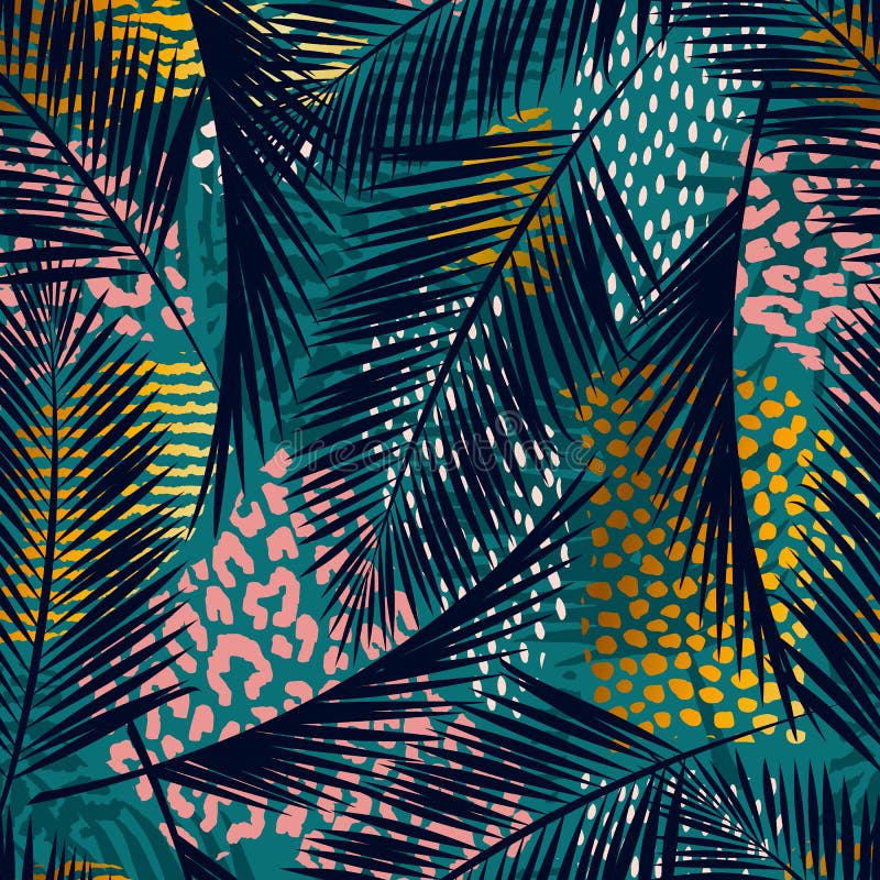 Trendy seamless exotic pattern with palm, animal prints and hand drawn textures. Vector illustration. Modern abstract design for paper, wallpaper, cover, fabric, Interior decor and other users. Trendy seamless exotic pattern with palm, animal prints and hand drawn textures. Vector illustration. Modern abstract design for paper, wallpaper, cover, fabric, Interior decor and other users.