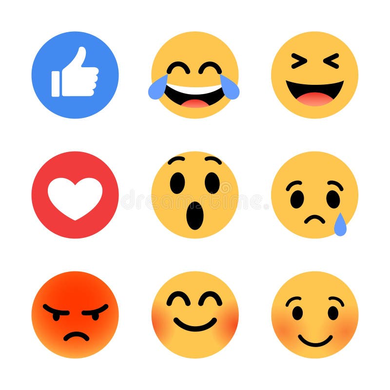 Trendy flat vector design emoji set with different reactions for social network. Emoticons with different reactions of feelings and thumb and heart icons. Trendy flat vector design emoji set with different reactions for social network. Emoticons with different reactions of feelings and thumb and heart icons.