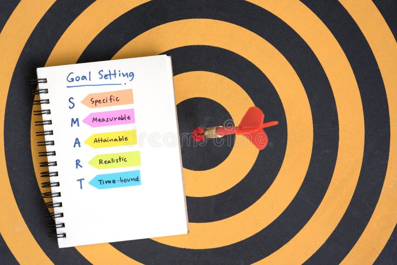 Smart goals setting and hand written acronyms definition on the notebook with red arrow dart target hitting in bullseye on dartboard, Business success concept. Smart goals setting and hand written acronyms definition on the notebook with red arrow dart target hitting in bullseye on dartboard, Business success concept