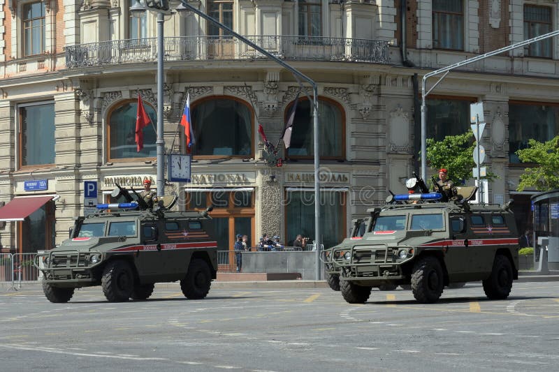 MOSCOW, RUSSIA - JUNE 20, 2020:Multi-purpose armored car `Tiger-M` of the military police on the street of Moscow during the dress rehearsal of the Victory parade. MOSCOW, RUSSIA - JUNE 20, 2020:Multi-purpose armored car `Tiger-M` of the military police on the street of Moscow during the dress rehearsal of the Victory parade