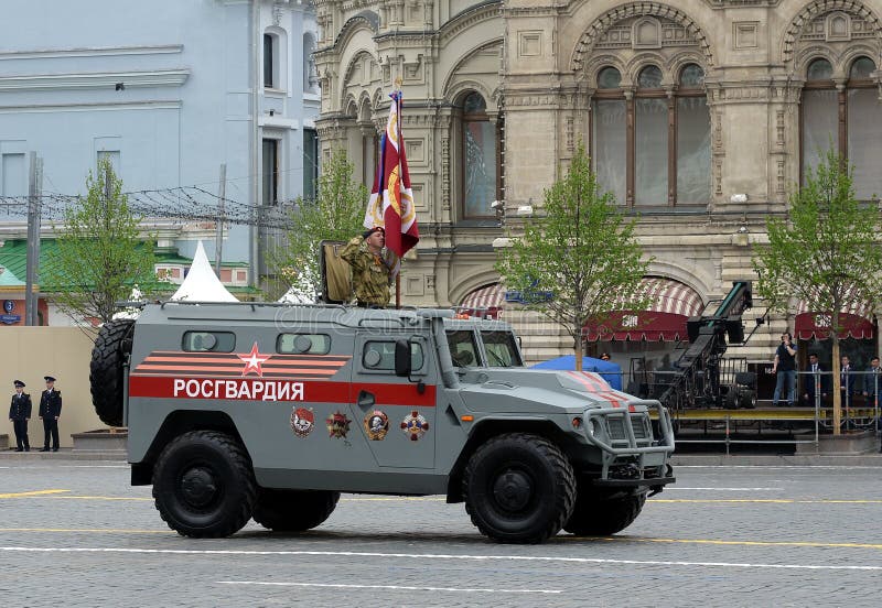 MOSCOW, RUSSIA - MAY 9, 2019: Multipurpose armored car `Tiger` troops Grew guard during the parade on red square in Moscow in honor of Victory Day. MOSCOW, RUSSIA - MAY 9, 2019: Multipurpose armored car `Tiger` troops Grew guard during the parade on red square in Moscow in honor of Victory Day