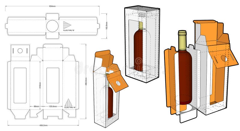 Packaging for one bottle of wine and Die-cut Pattern. The .eps file is full scale and fully functional. Prepared for real cardboard production. Packaging for one bottle of wine and Die-cut Pattern. The .eps file is full scale and fully functional. Prepared for real cardboard production.