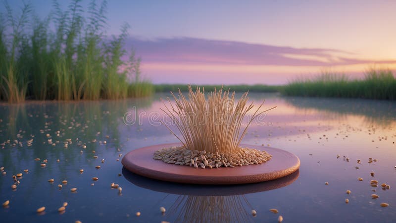 Урожай пшеницы Serene Sunset на спокойной воде иллюстрация вектора