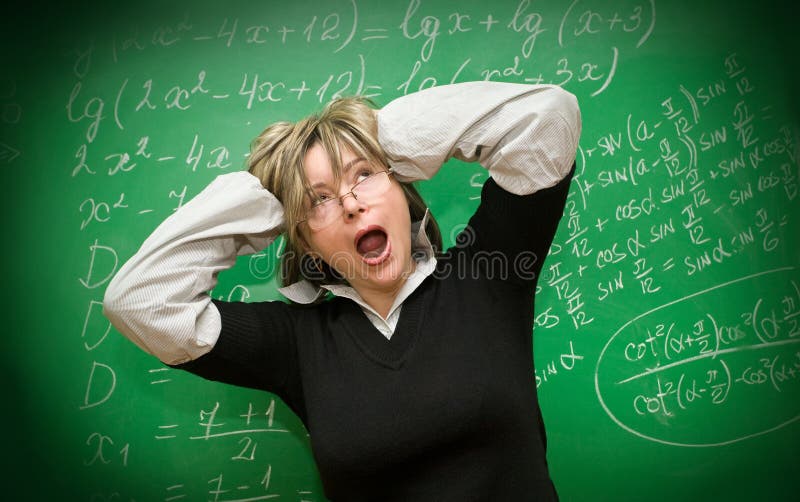 Stressed teacher against the background of a green chalkboard. Stressed teacher against the background of a green chalkboard