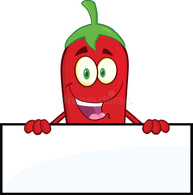 Усмехаясь персонаж из мультфильма перца красного Chili над пустым знаком иллюстрация вектора