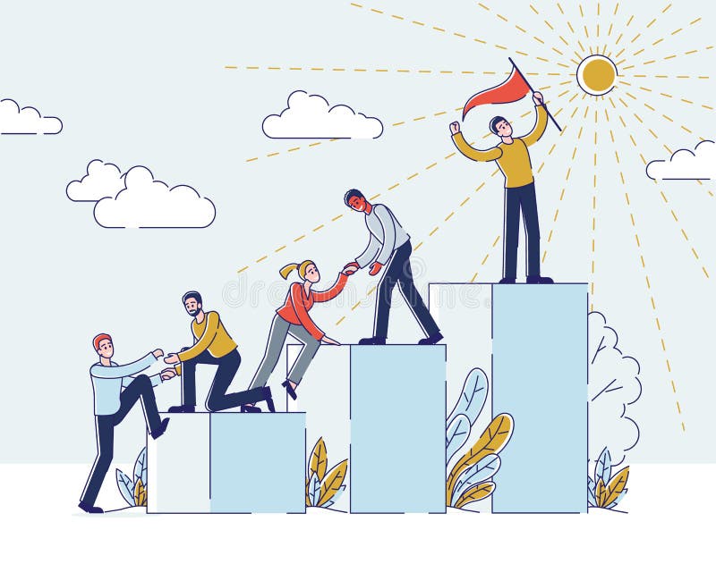 Success In Business Or Career Concept. Businessmen Climbing Career Ladder. People Stand On Podiums With Leader In Front In Top Position Holding Flag. Cartoon Linear Outline Flat Vector Illustration. Success In Business Or Career Concept. Businessmen Climbing Career Ladder. People Stand On Podiums With Leader In Front In Top Position Holding Flag. Cartoon Linear Outline Flat Vector Illustration