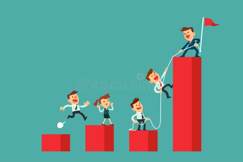 Successful business leader help his team climb the highest bar chart. Business teamwork concept. Successful business leader help his team climb the highest bar chart. Business teamwork concept