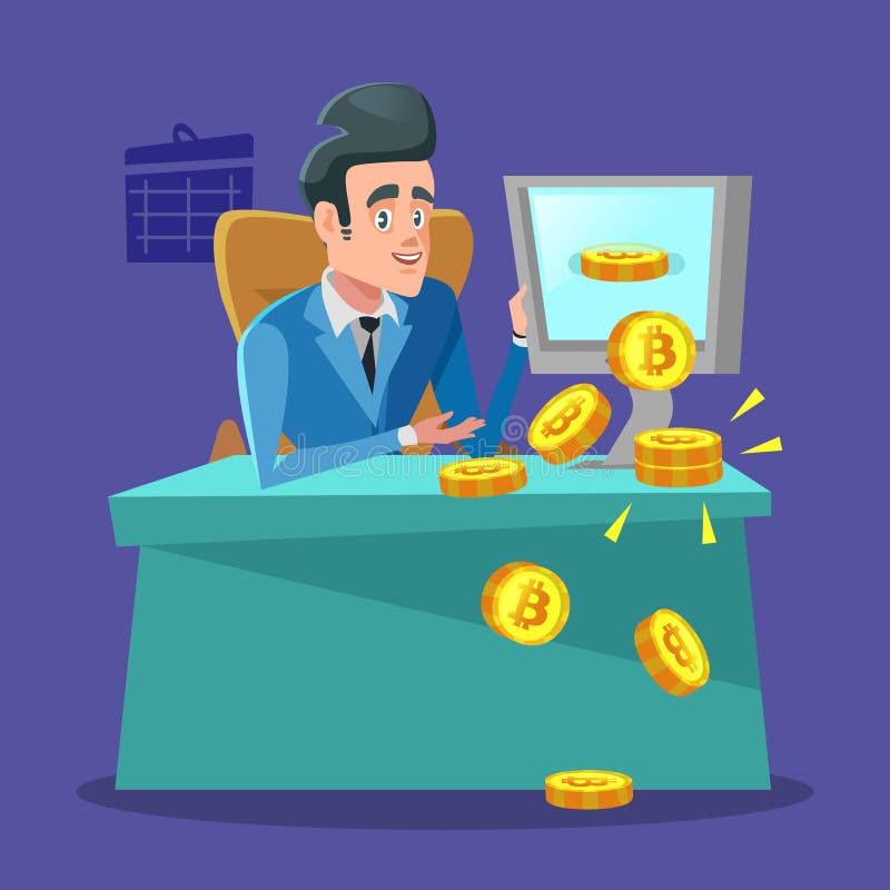 Успешный бизнесмен минируя Bitcoin на компьютере концепция cryptocurrency торгуя бесплатная иллюстрация