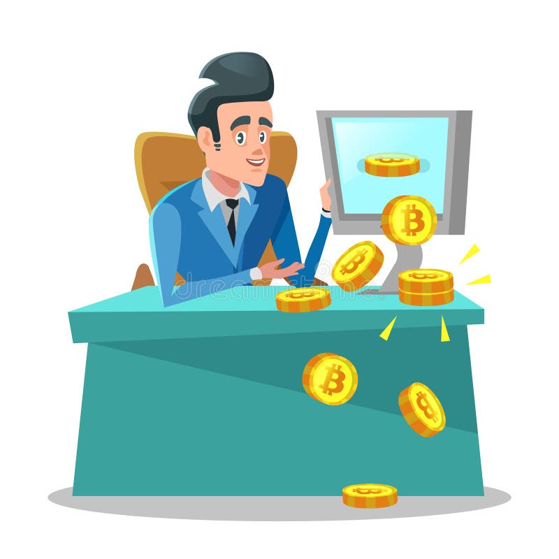 Успешный бизнесмен минируя Bitcoin на компьютере концепция cryptocurrency торгуя иллюстрация штока