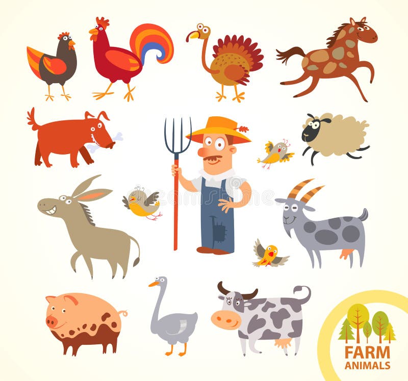 Set funny farm little animals. Funny cartoon character. Vector illustration. Isolated on white background. Farmer, turkey, chicken, cock, horse, dog, sheep, goat, cow, horse, pig, donkey. Set funny farm little animals. Funny cartoon character. Vector illustration. Isolated on white background. Farmer, turkey, chicken, cock, horse, dog, sheep, goat, cow, horse, pig, donkey