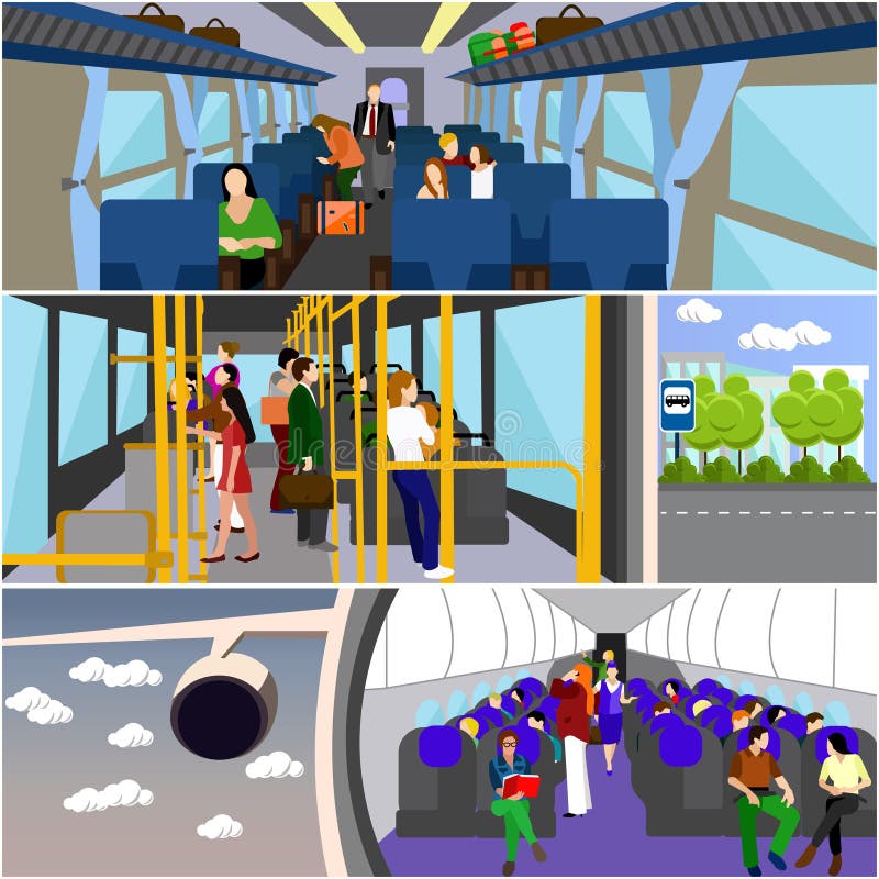 Passengers in public transport concept vector banners set. People in bus, train and airplane. Transport interior. Passengers in public transport concept vector banners set. People in bus, train and airplane. Transport interior.