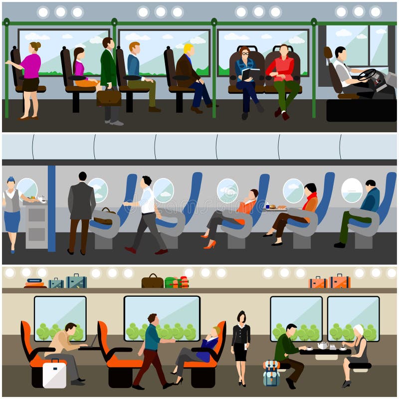 Passengers in public transport concept vector banners set. People in bus, train and airplane. Transport interior. Passengers in public transport concept vector banners set. People in bus, train and airplane. Transport interior.