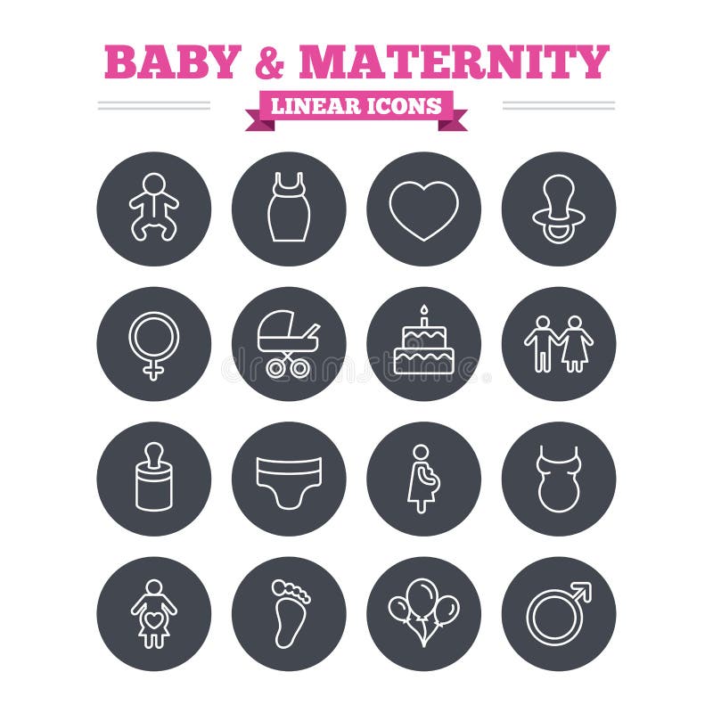 Baby and Maternity linear icons set. Toddler, diapers and child footprint symbols. Heart, birthday cake and pacifier thin outline signs. Pregnant woman, couple and air balloons. Flat circle vector. Baby and Maternity linear icons set. Toddler, diapers and child footprint symbols. Heart, birthday cake and pacifier thin outline signs. Pregnant woman, couple and air balloons. Flat circle vector