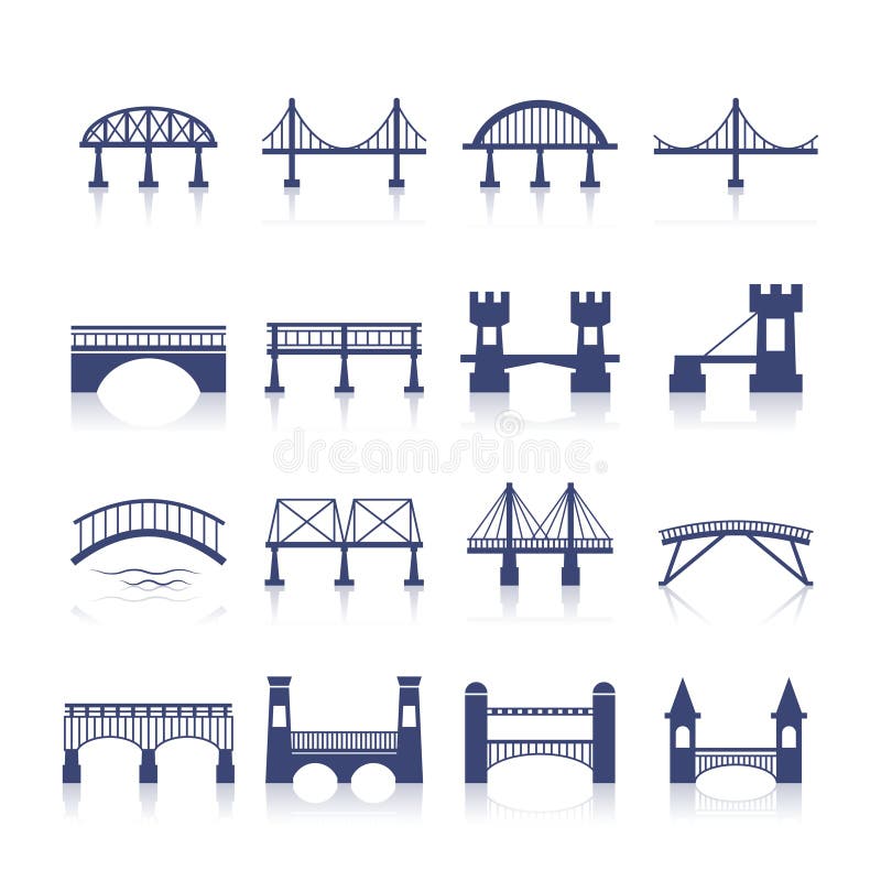 Bridge architecture city landmark silhouette icon set isolated vector illustration. Bridge architecture city landmark silhouette icon set isolated vector illustration