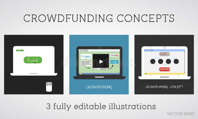 Установленные концепции вектора crowdfunding Онлайн фонд проект Пожертвование сети Рекламодатель используя интернет Плоский дизай иллюстрация штока