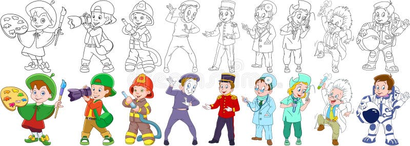 Happy painter, young photographer, firefighter, mime actor, bellboy, nurse and doctor, scientist, astronaut. Coloring book pages for kids. Happy painter, young photographer, firefighter, mime actor, bellboy, nurse and doctor, scientist, astronaut. Coloring book pages for kids.
