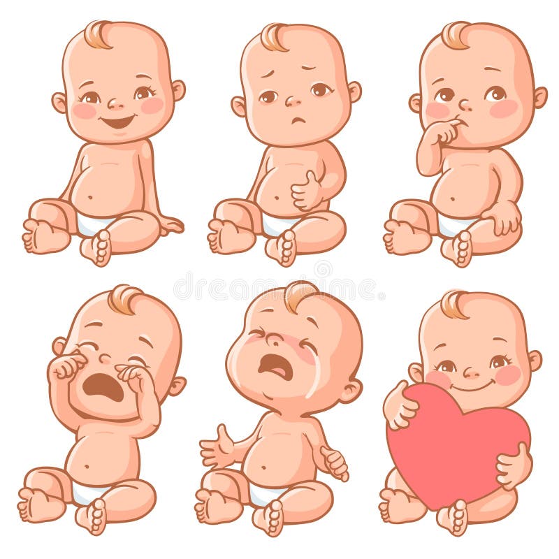 Set with cute little baby in diaper with different emotions. Various face expressions. Happy child, baby cry, toddler hold heart, sick child, sad boy, crying girl, screaming baby. Colorful vector. Set with cute little baby in diaper with different emotions. Various face expressions. Happy child, baby cry, toddler hold heart, sick child, sad boy, crying girl, screaming baby. Colorful vector.