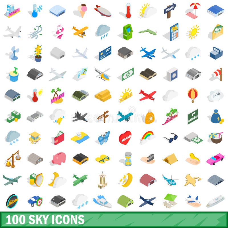 100 sky icons set in isometric 3d style for any design vector illustration. 100 sky icons set in isometric 3d style for any design vector illustration