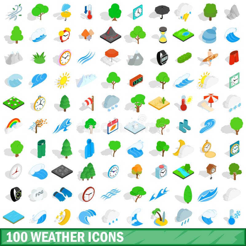 100 weather icons set in isometric 3d style for any design vector illustration. 100 weather icons set in isometric 3d style for any design vector illustration