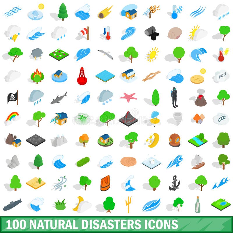 100 natural disasters icons set in isometric 3d style for any design vector illustration. 100 natural disasters icons set in isometric 3d style for any design vector illustration