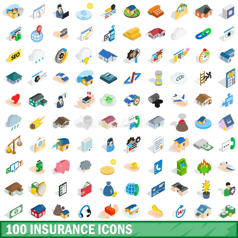 100 insurance icons set in isometric 3d style for any design vector illustration. 100 insurance icons set in isometric 3d style for any design vector illustration