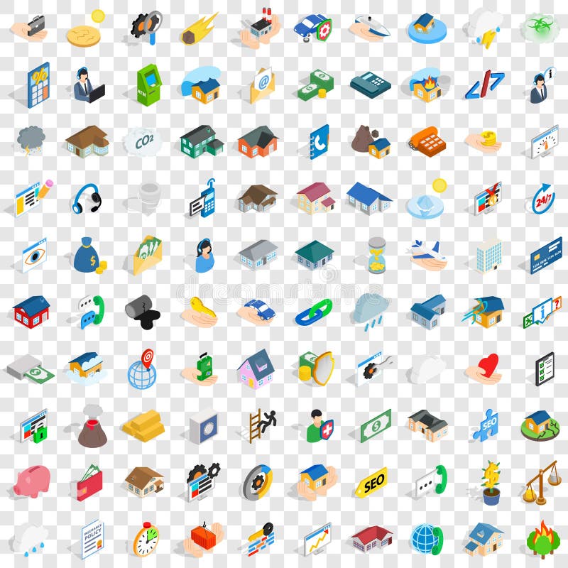 100 insurance icons set in isometric 3d style for any design vector illustration. 100 insurance icons set in isometric 3d style for any design vector illustration