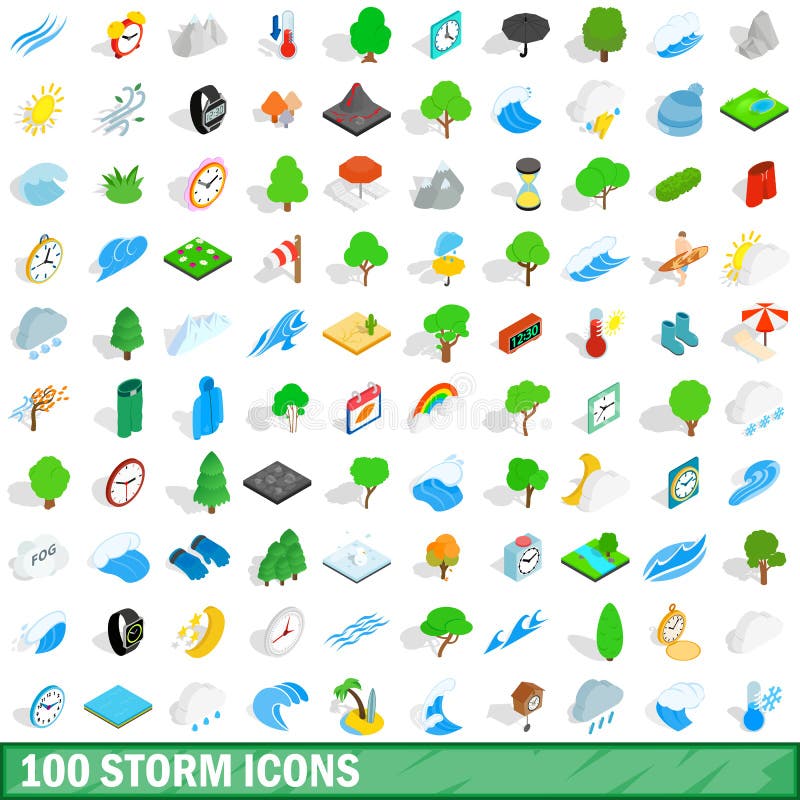 100 storm icons set in isometric 3d style for any design vector illustration. 100 storm icons set in isometric 3d style for any design vector illustration