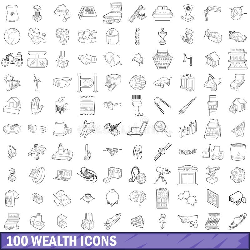 100 wealth icons set in outline style for any design vector illustration. 100 wealth icons set in outline style for any design vector illustration